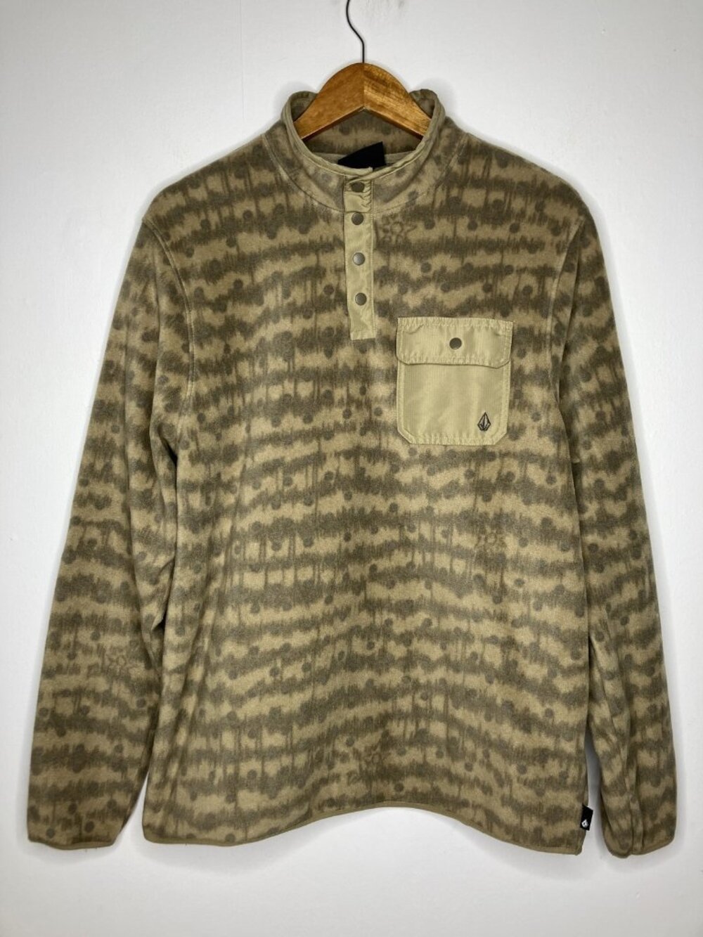 Volcom Men's Large Tan Abstract Fleece Pullover Sweatshirt Button Mock READ